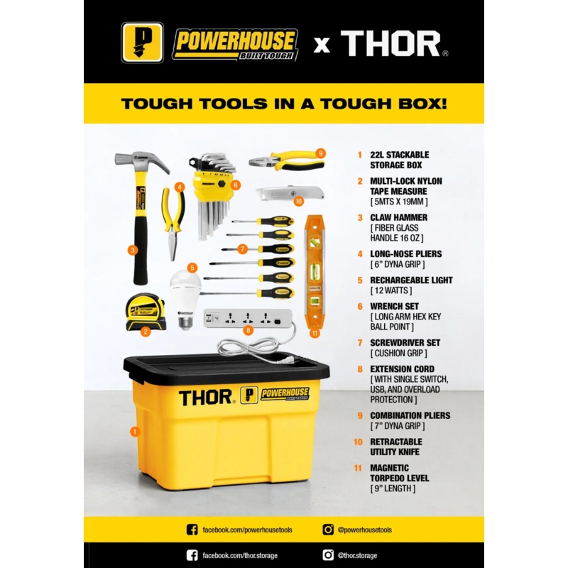 Powerhouse 11pcs Mixed Tools Set with Tool Box (Thor Storage)