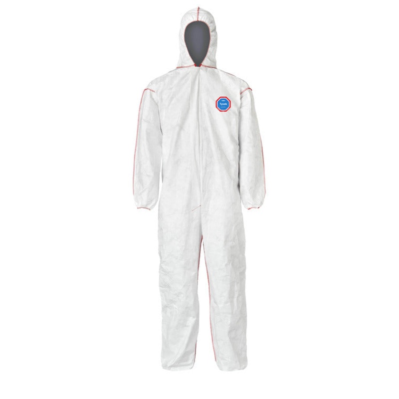 Coveralls – DuPont Tyvek 400 SFR Standard Fit Hood, Elastic Wrists & Ankles, Relaxed Fit, Storm Flap, Red Zipper, Red External Serged Seams, White (Case of 25) ST127