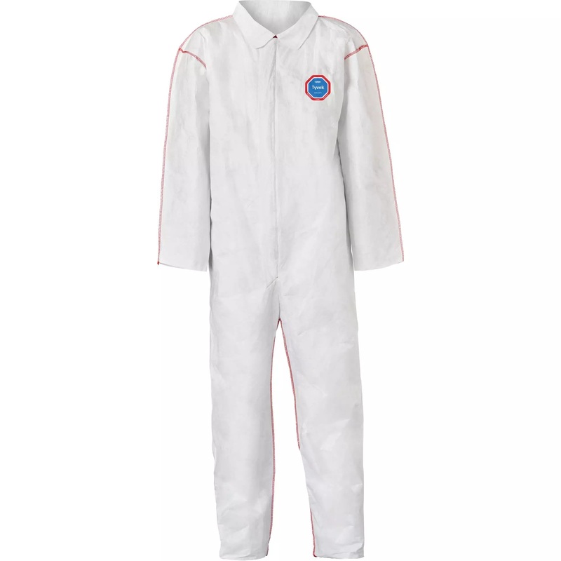 Coveralls – DuPont Tyvek 400 SFR Collar, Open Wrists & Ankles, Relaxed Fit, Storm Flap, Red Zipper, Red External Serged Seams, White (Case of 25) ST120