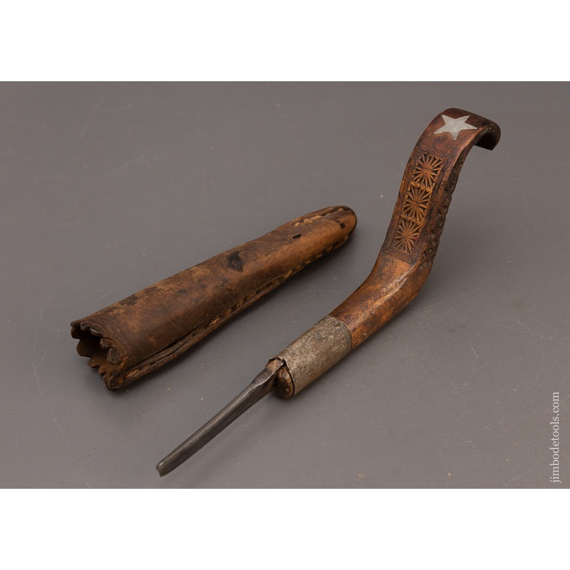 World Class Carved Native American Crooked Knife with Pewter Inlay & Sheath – EXCELSIOR 115841 –