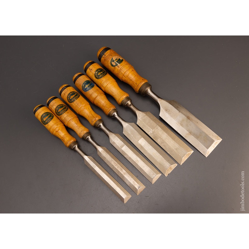 Amazing Set of 6 Large Size E.A. BERG ESKILSTUNA Tang Firmer Chisels in Custom Tiger Maple Box – 113715 – AS OF NOV 9