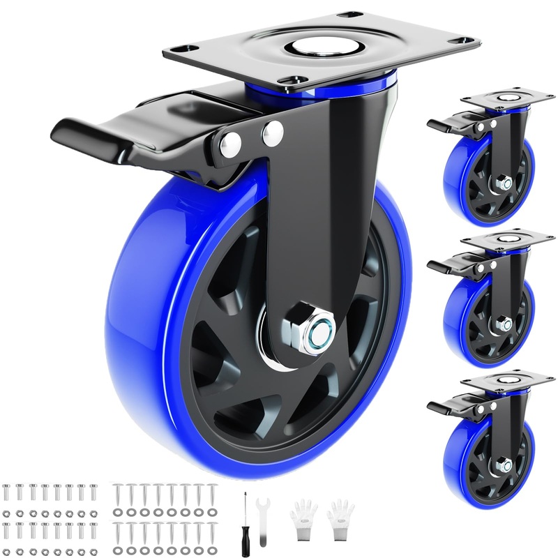 6 Inch Swivel Caster Wheels, Casters Set of 4 Heavy Duty with Brakes, Plate Casters No Noise Locking Castor with Polyurethane Wheels for Cart, Furniture,Workbench,Cabinet(Two Hardware Kits Include)