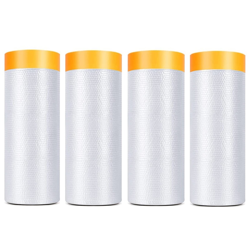 Painters Plastic With Tape, Pre-Taped Masking Film, 4 Rolls Automotive Best Tape and Drape, Paint Adhesive Protective Film Roll for Covering