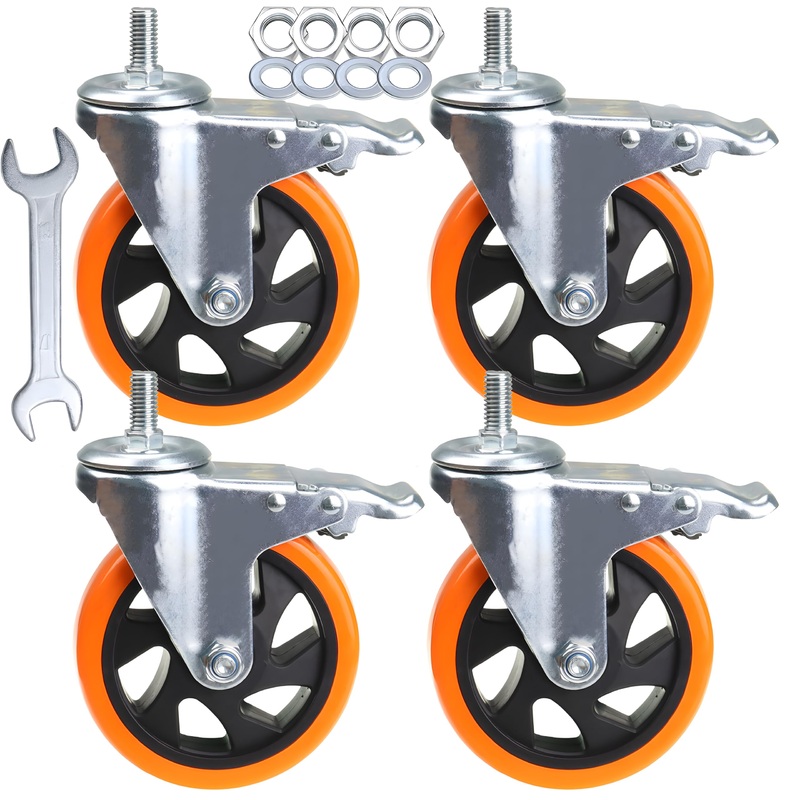 Stem Casters Heavy Duty Swivel Threaded Stem Caster Wheels with American Size 1/2”-13×1” Thread Dual Locking Wheel with Brakes Pack of 4 (5 inch, with Brake)