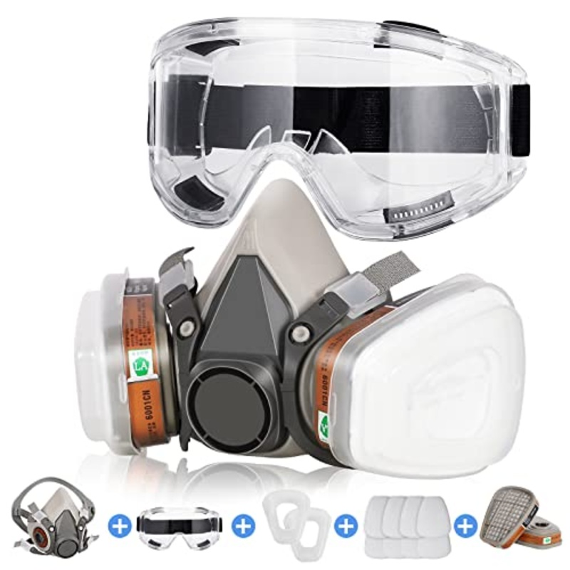 Reusable Half Facepiece Cover Set w/Safety Goggles & Filters Against Dust Organic Vapors Gas Pollen Chemicals Suitable for Painting Spraying Sanding