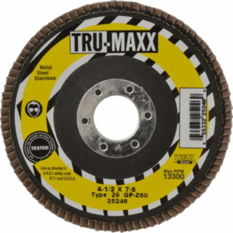 Tru-Maxx 4-1/2 Inch Diameter x 7/8 Inch Hole Coated Zirconia Alumina Flap Disc – 64-026-8