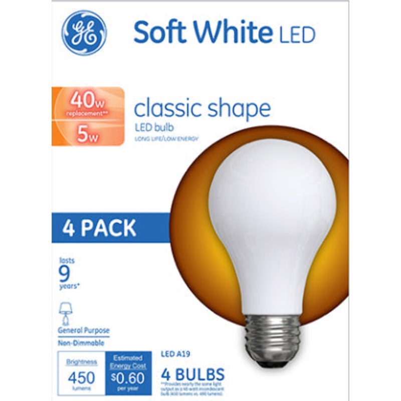 5W Med A19 LED SW  GLASS 40W Eq. 4 pk NON